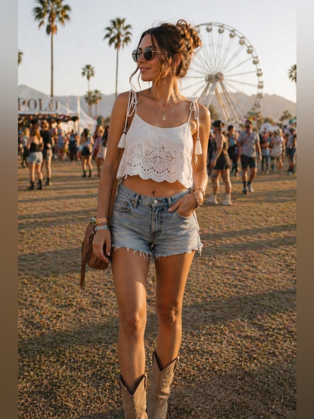Boho White Eyelet Crop Tank Top Medium Tie Strap Festival Lace Trim Summer